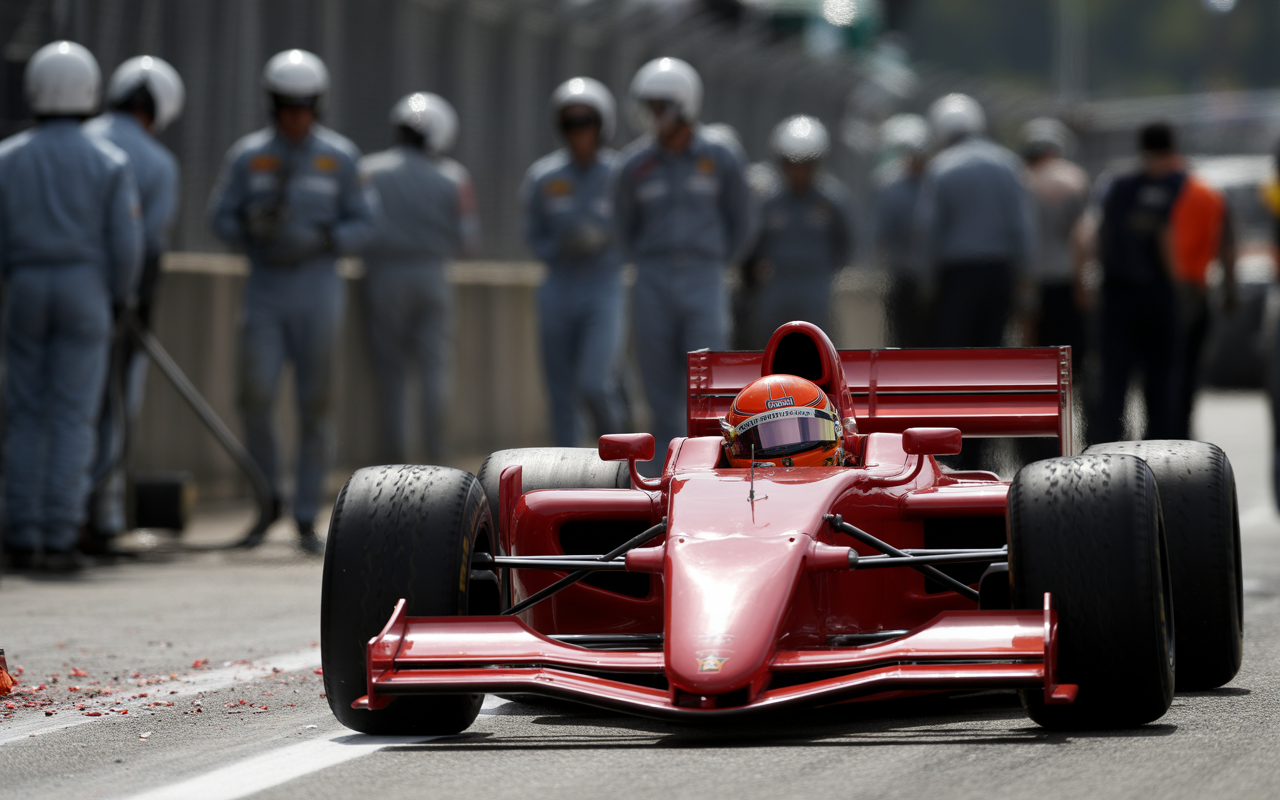 Voiture de Formule 1 rouge sur la piste, avec des mécaniciens en arrière-plan, préparés pour un arrêt au stand.