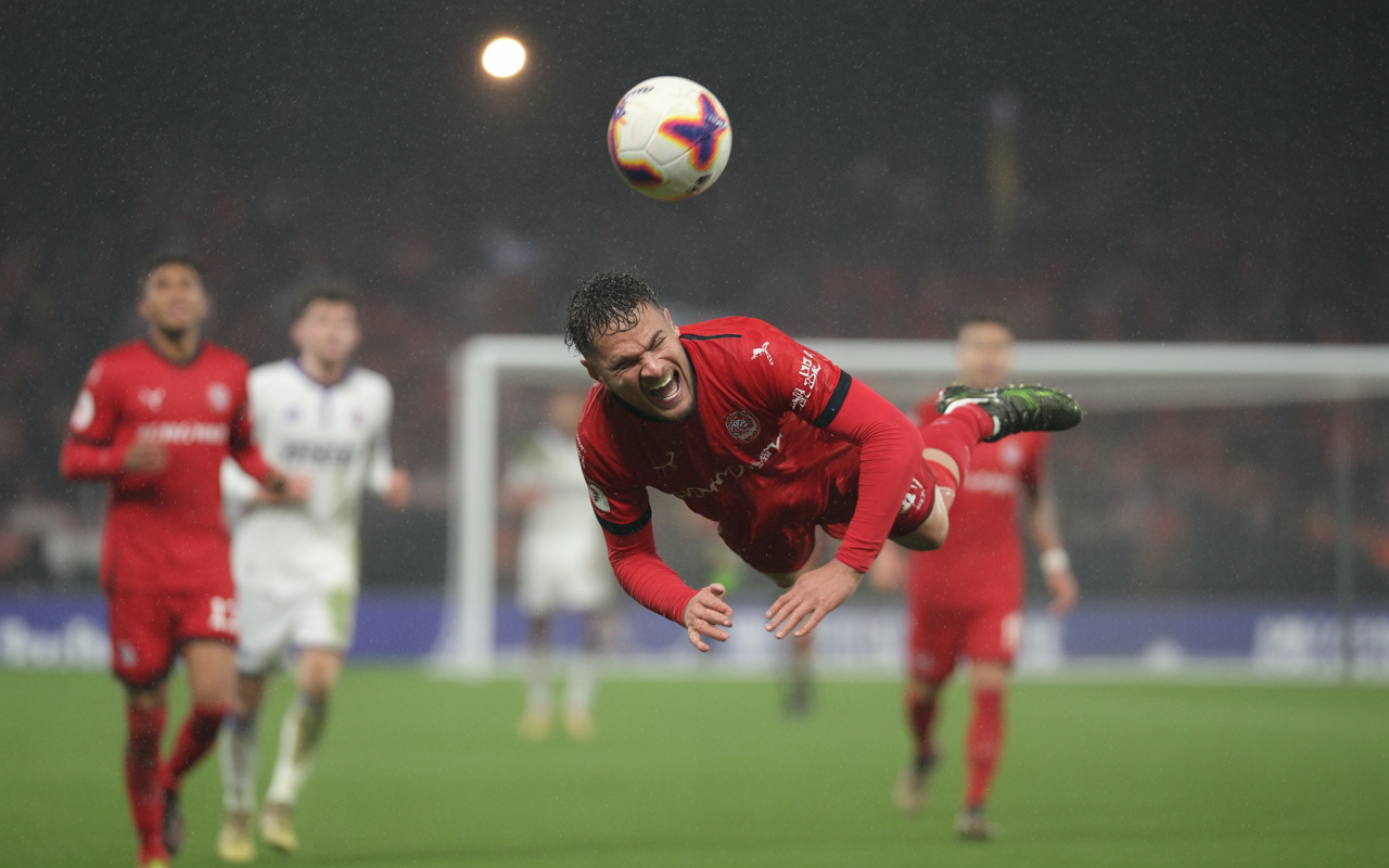 Joueur de football en action, sautant pour frapper le ballon sous la pluie, avec des coéquipiers en arrière-plan.