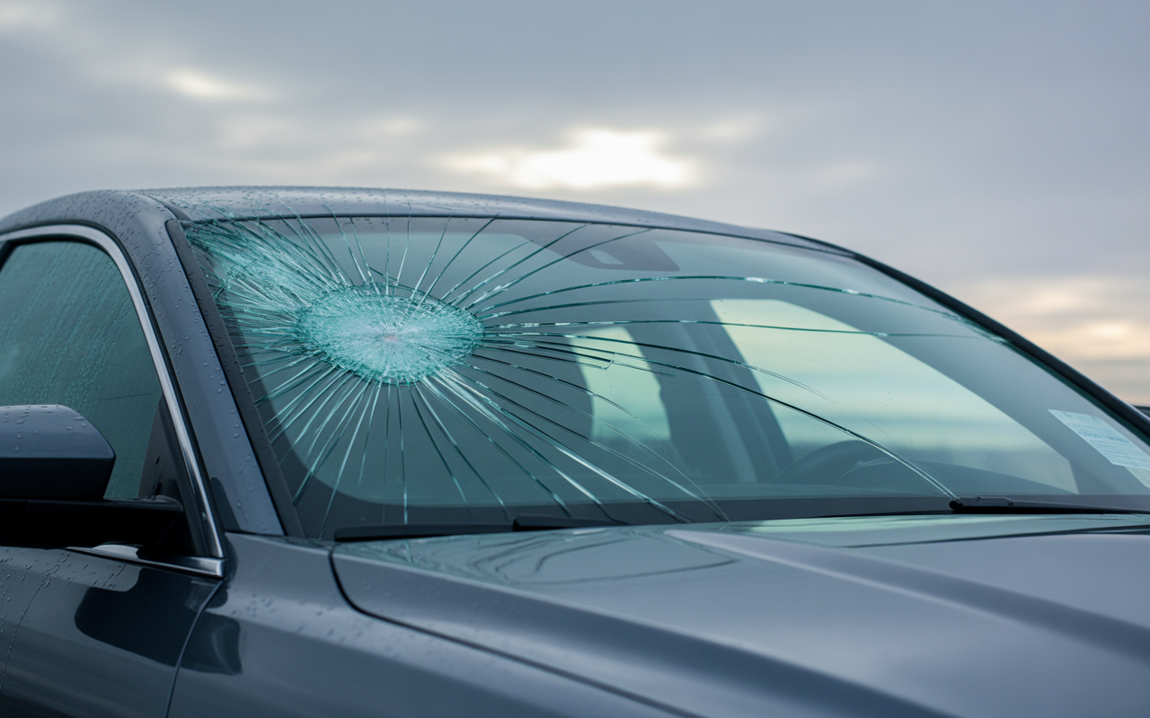 Vue détaillée d'un pare-brise de voiture fissuré, avec des radiations de fissures visibles, sous un ciel nuageux et humide.