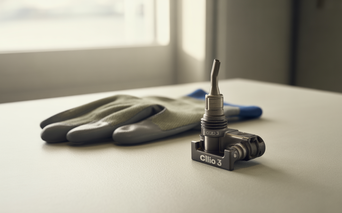 Injecteur et gants de travail sur une surface claire. L'injecteur est marqué "Clio 3", avec une lumière douce en arrière-plan.