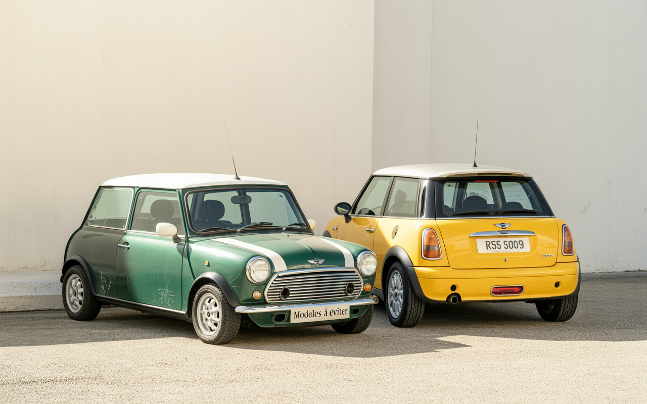 Deux Mini Cooper, une verte et blanche à gauche, une jaune à droite, stationnées contre un mur sobre, sous un éclairage naturel.