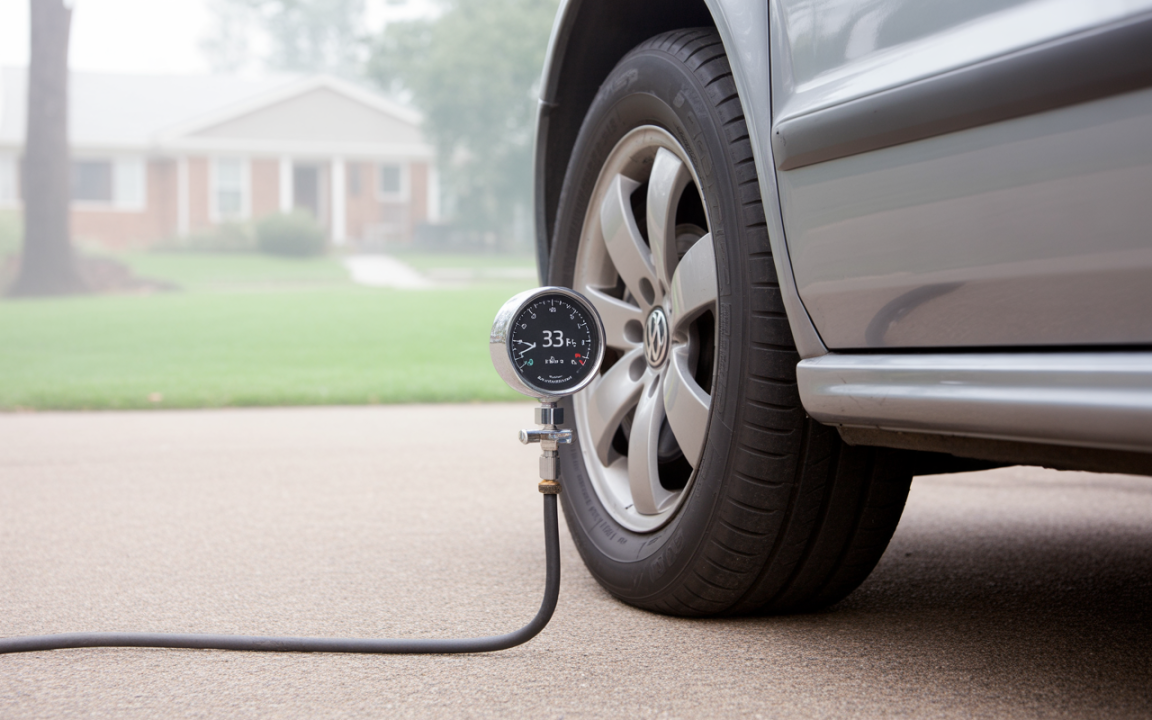 Manomètre de pression de pneu affichant 33 psi, posé près d'une roue de voiture grise sur une allée résidentielle.