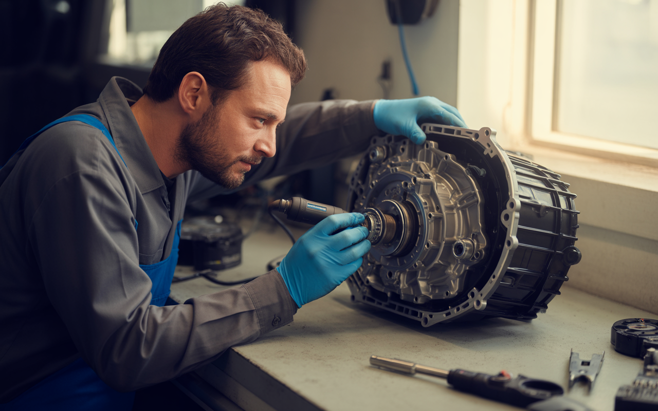 Un technicien examine un moteur à l'aide d'un outil électrique, vêtu de gants bleus, dans un atelier bien éclairé.