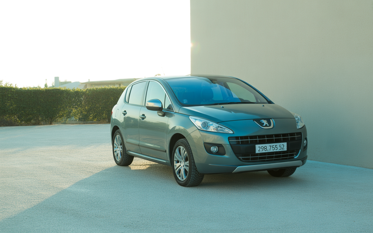 Voiture Peugeot grise stationnée sur un sol clair, avec une façade moderne et un jardin verdoyant en arrière-plan.