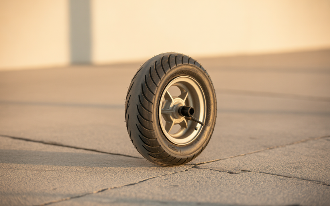 Roues noires avec bande de roulement visible, posées sur une surface plane et pavée, éclairées par une lumière douce.