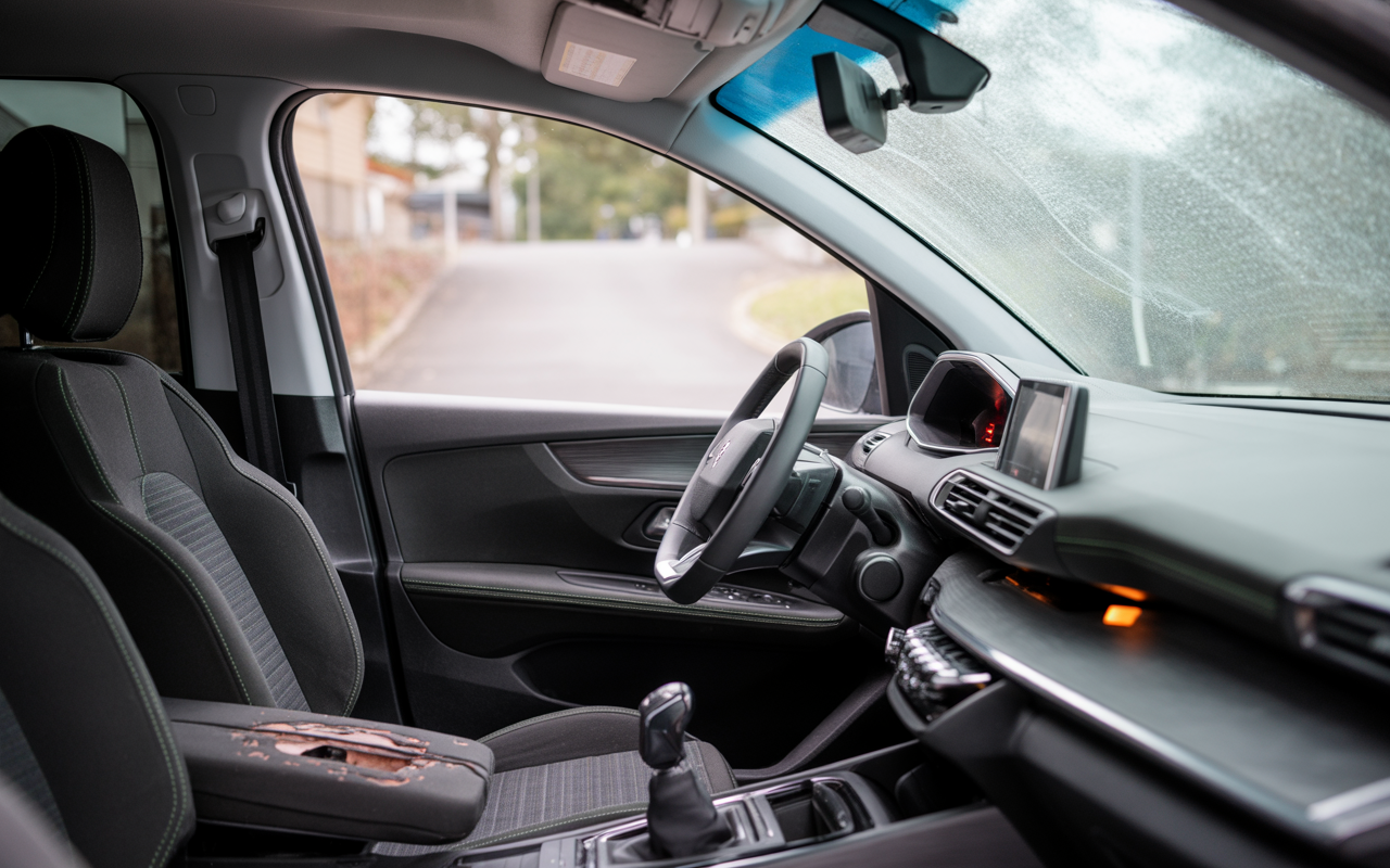 Intérieur d'une voiture moderne avec sièges en tissu, tableau de bord épuré, levier de vitesses et écran numérique visible.