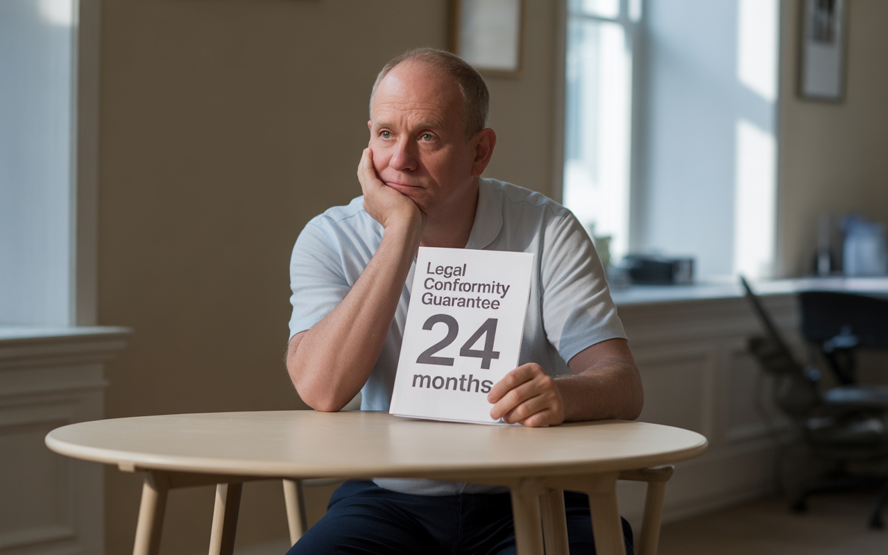 Un homme pensif, assis à une table, tenant une feuille indiquant "Garantie de conformité légale 24 mois". Éclairage naturel ambiant.
