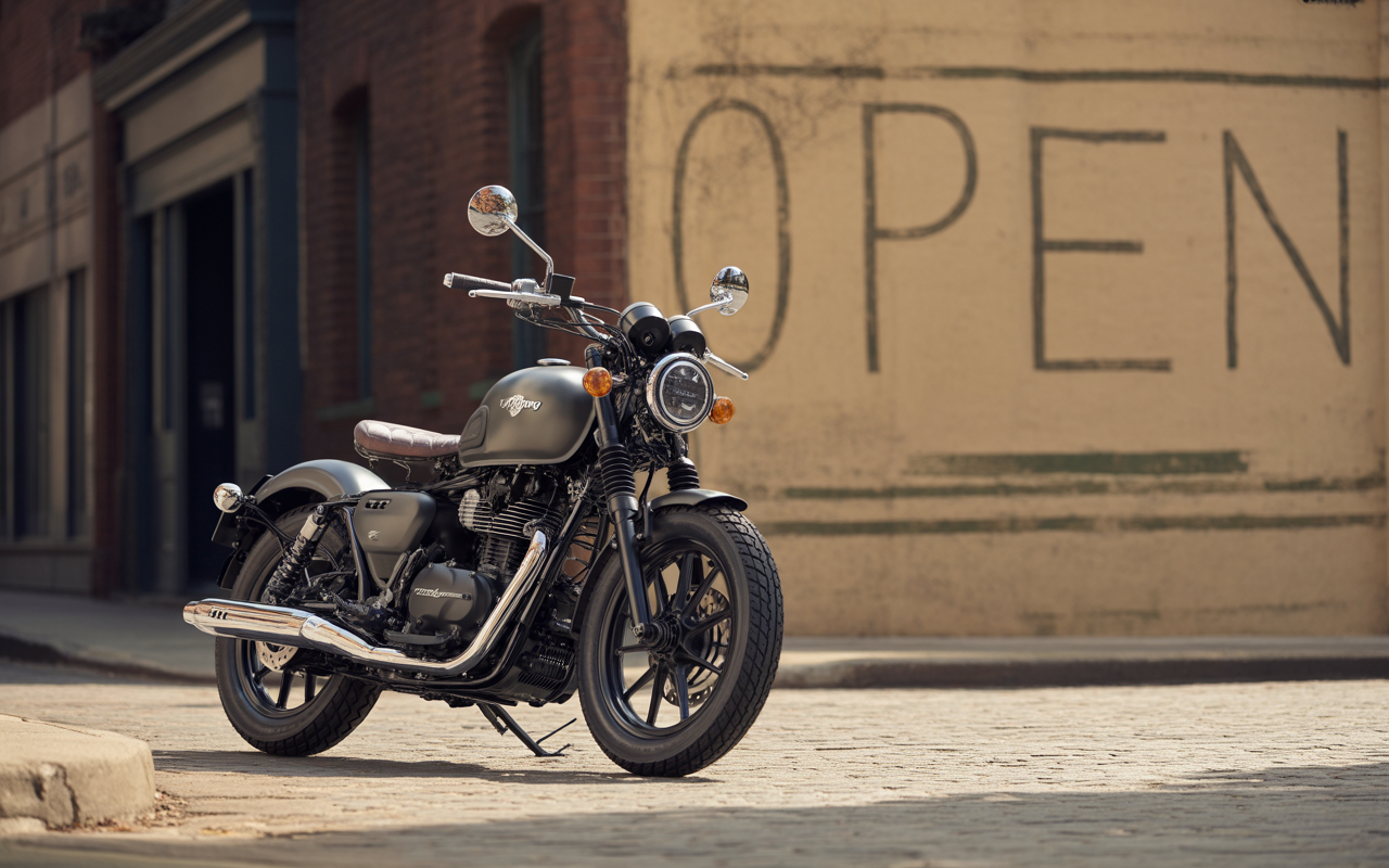 Moto vintage noire stationnée le long d'un mur avec "OPEN" écrit dessus. Éclairage naturel et environnement urbain en arrière-plan.