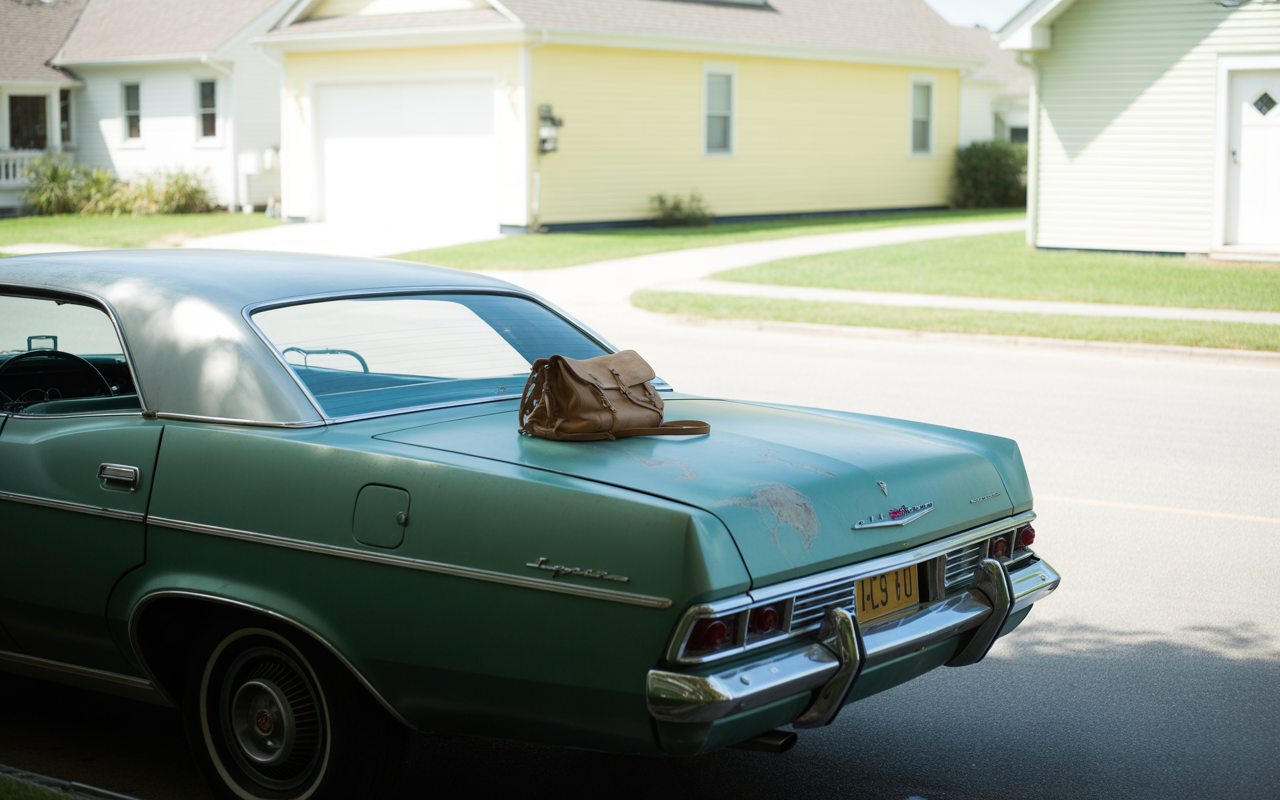 Une vieille voiture verte avec un toit argenté garée, portant un sac marron sur son coffre, au milieu de maisons.