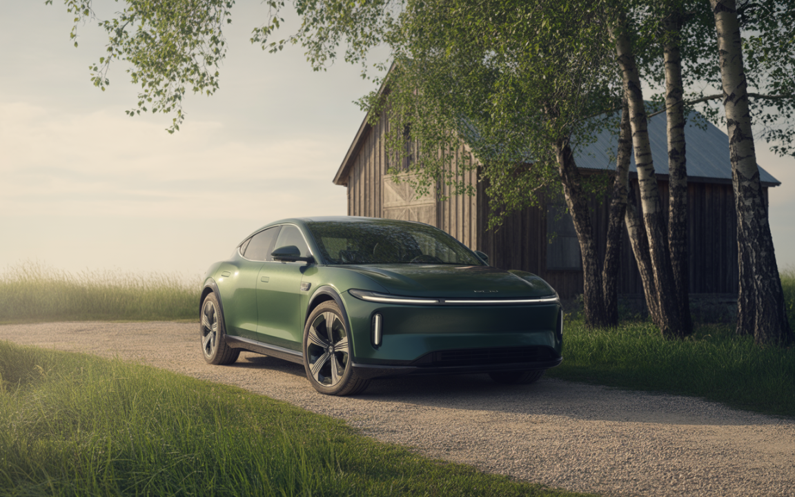 Voiture électrique moderne de couleur verte, stationnée sur un chemin en terre, entourée d'arbres et d'une grange en bois.