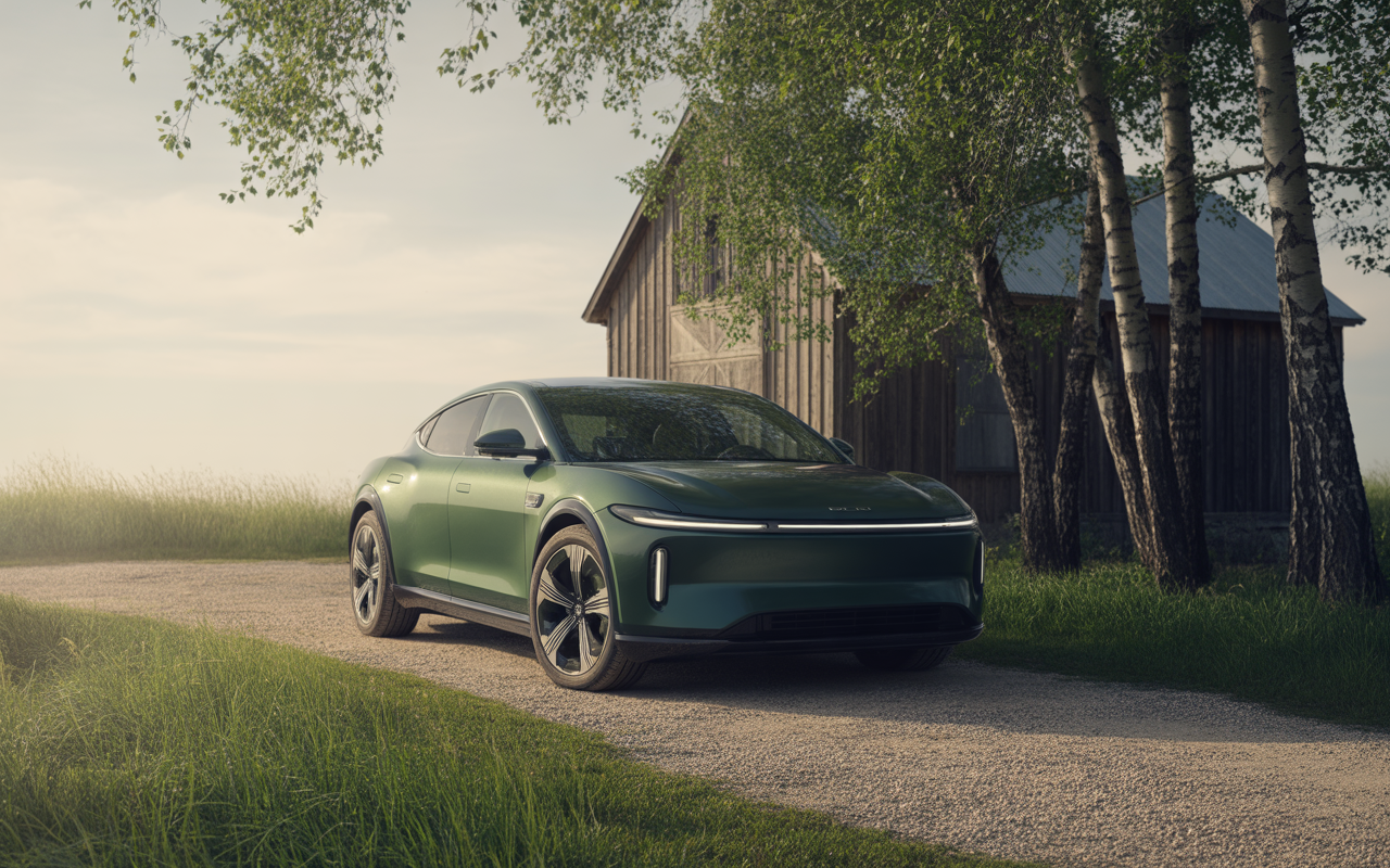 Voiture électrique moderne de couleur verte, stationnée sur un chemin en terre, entourée d'arbres et d'une grange en bois.