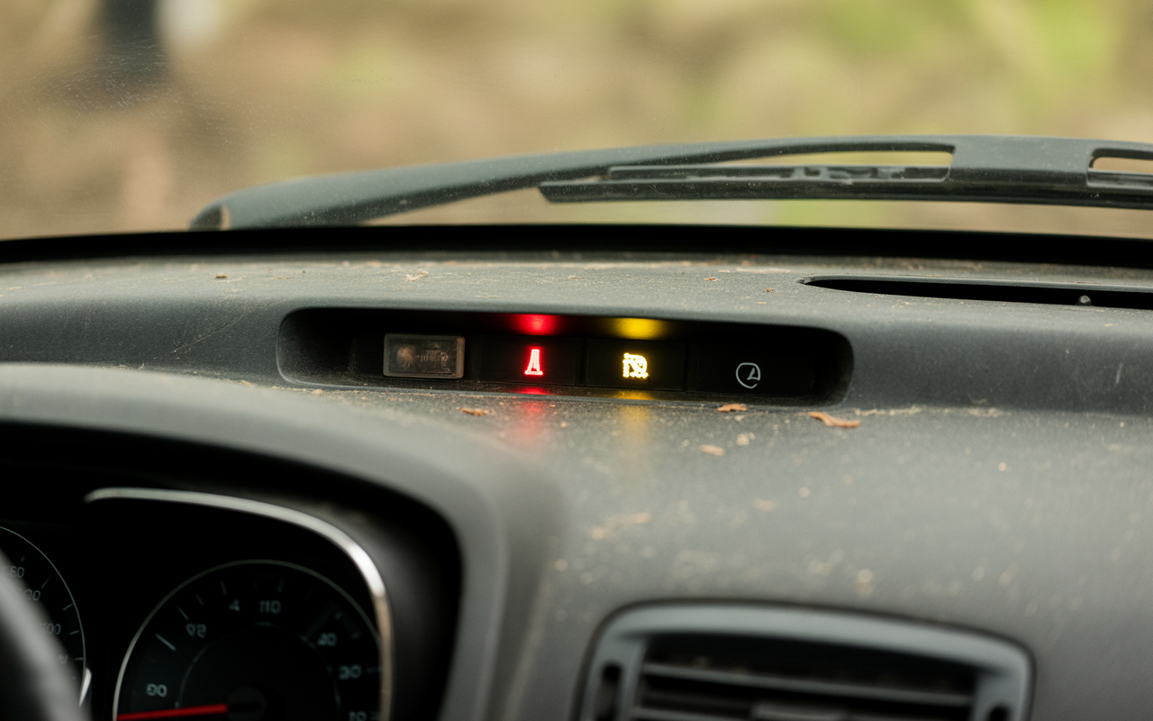 Tableau de bord de voiture avec voyants d'alerte lumineux rouges et jaunes, entouré de poussière et terre.