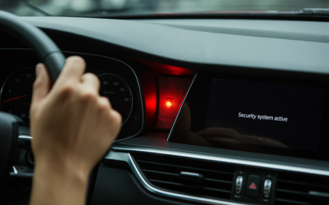 Intérieur de voiture avec une main sur le volant et un écran affichant "Security system active". Lumière rouge allumée.