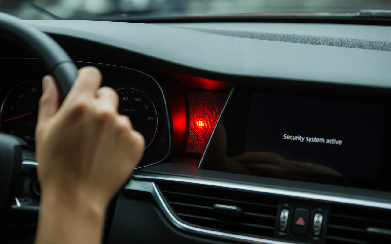 Intérieur de voiture avec une main sur le volant et un écran affichant "Security system active". Lumière rouge allumée.