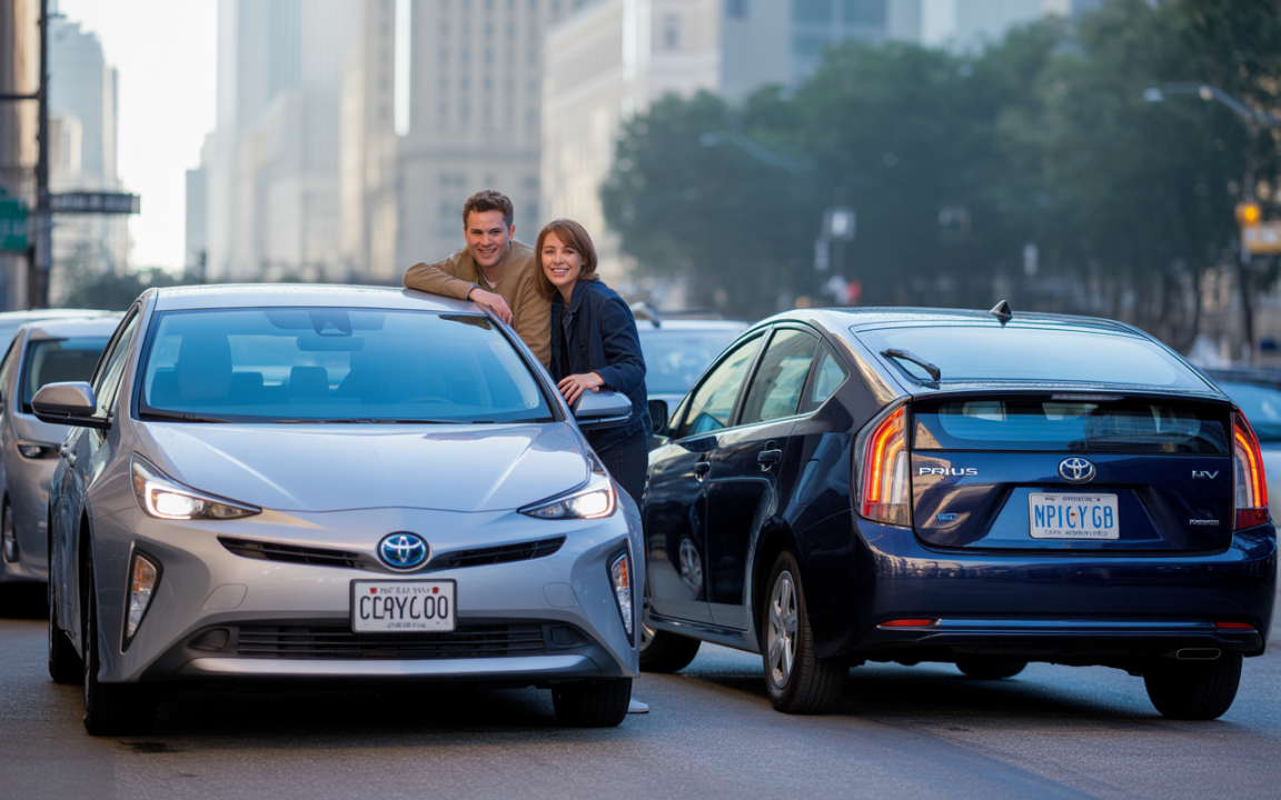 Deux personnes posent joyeusement à côté de voitures Toyota Prius dans une rue urbaine, avec des bâtiments en arrière-plan.