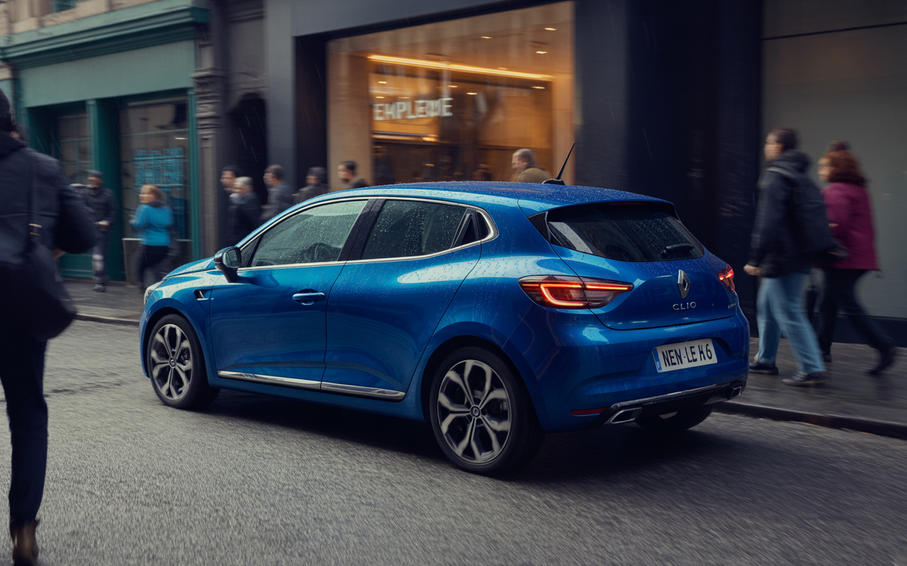 Voiture Renault Clio bleue garée sur une rue, sous la pluie, avec des passants flous en arrière-plan.