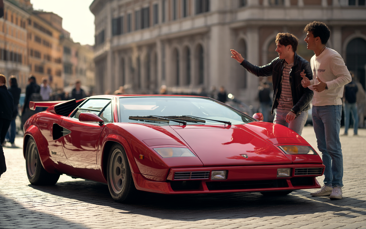 Deux jeunes hommes discutent joyeusement près d'une Lamborghini rouge dans une rue animée, avec des bâtiments historiques en arrière-plan.