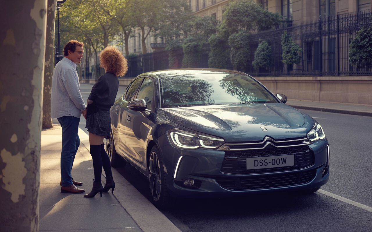 Un couple se tient par les mains devant une voiture Citroën, sur une rue bordée d'arbres ensoleillés.