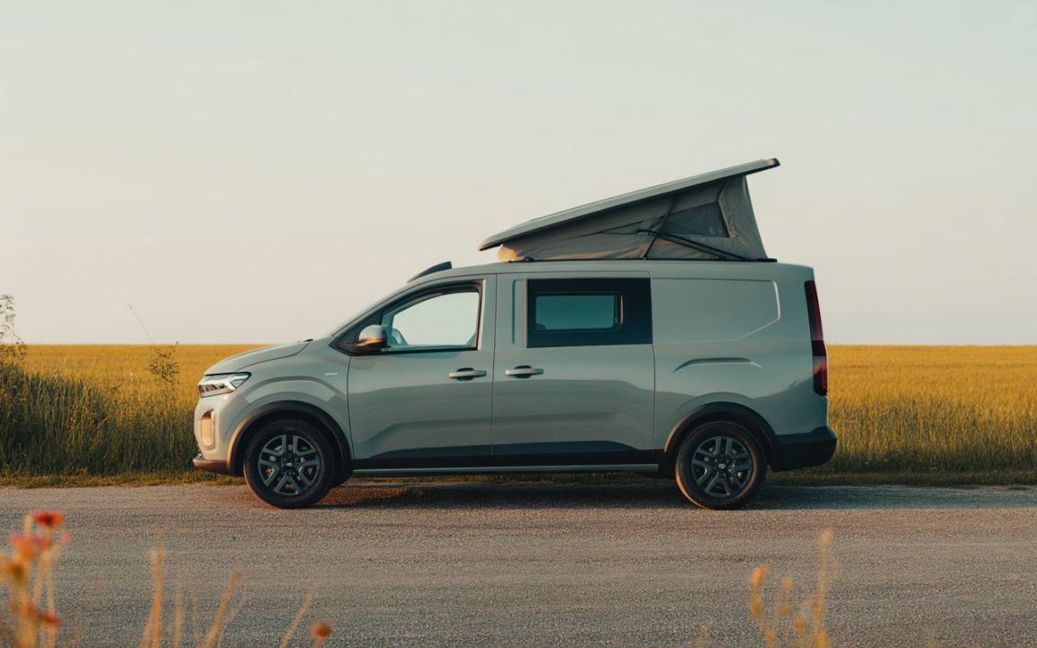 Camionnette grise stationnée sur une route avec toit relevé, entourée de champs de blé et d'une lumière douce du coucher de soleil.