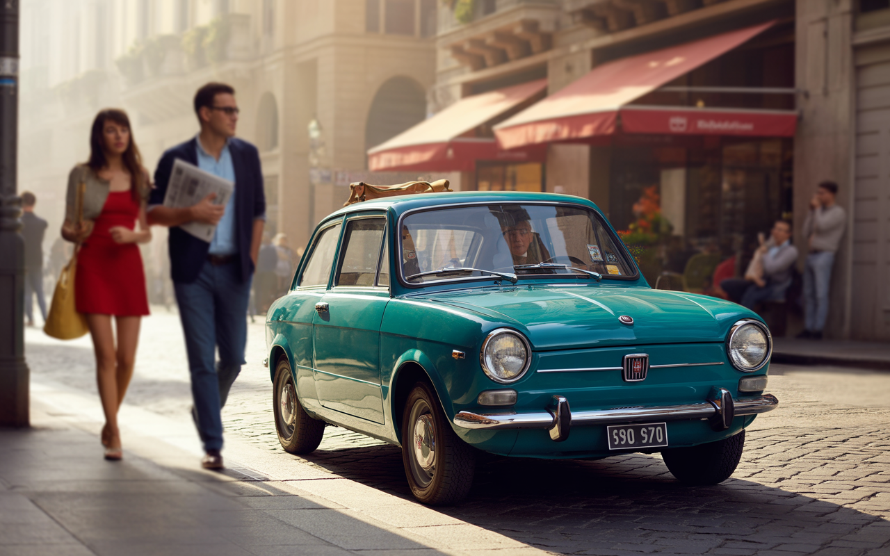 Une voiture ancienne colorée en turquoise est stationnée sur une rue animée, avec des passants et des boutiques en arrière-plan.