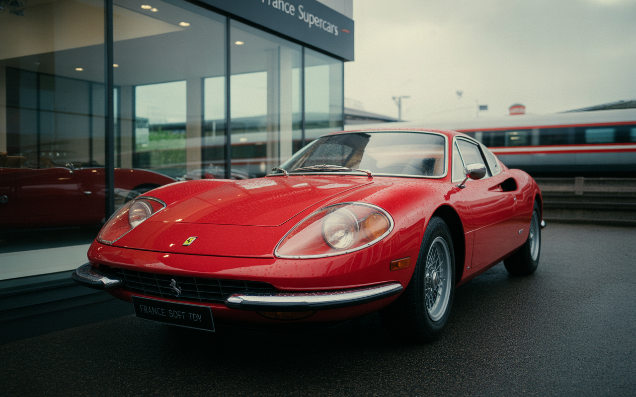 Voiture Ferrari rouge, exposée sous la pluie, devant un showroom moderne. Fond légèrement flou avec des éléments urbains.