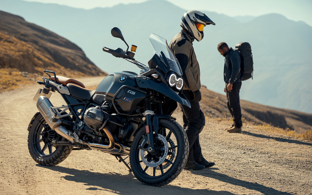 Motocyclette BMW GS stationnée sur un chemin de terre, un motard en tenue d’aventure et un randonneur en arrière-plan. Montagnes au loin.