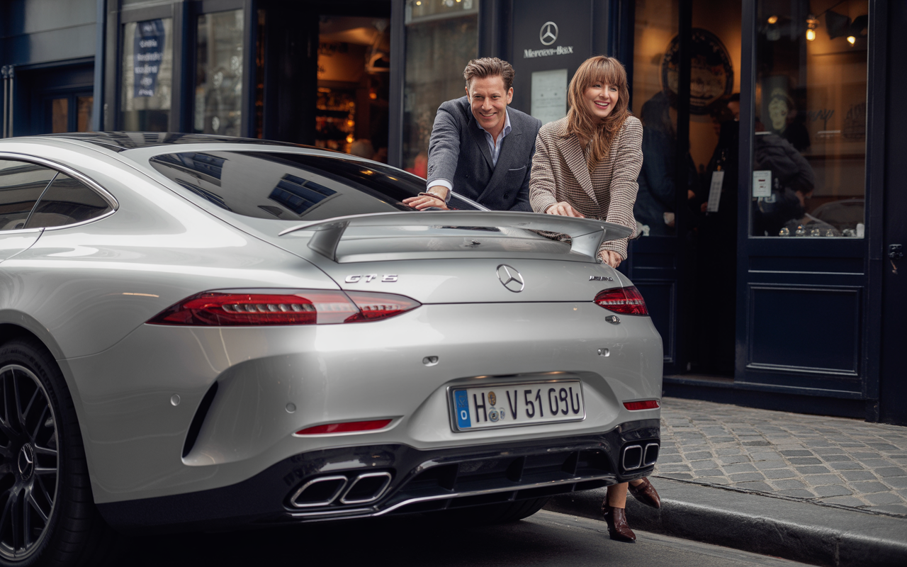 Un couple souriant pose devant une Mercedes-Benz AMG GT, garée sur une rue pavée près d'une boutique.