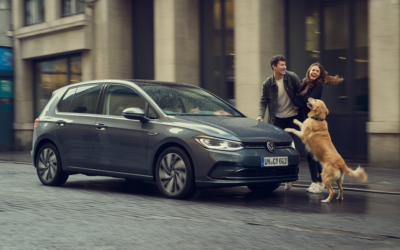 Un couple heureux joue avec leur chien près d'une voiture Volkswagen sur une rue urbaine sous la pluie.