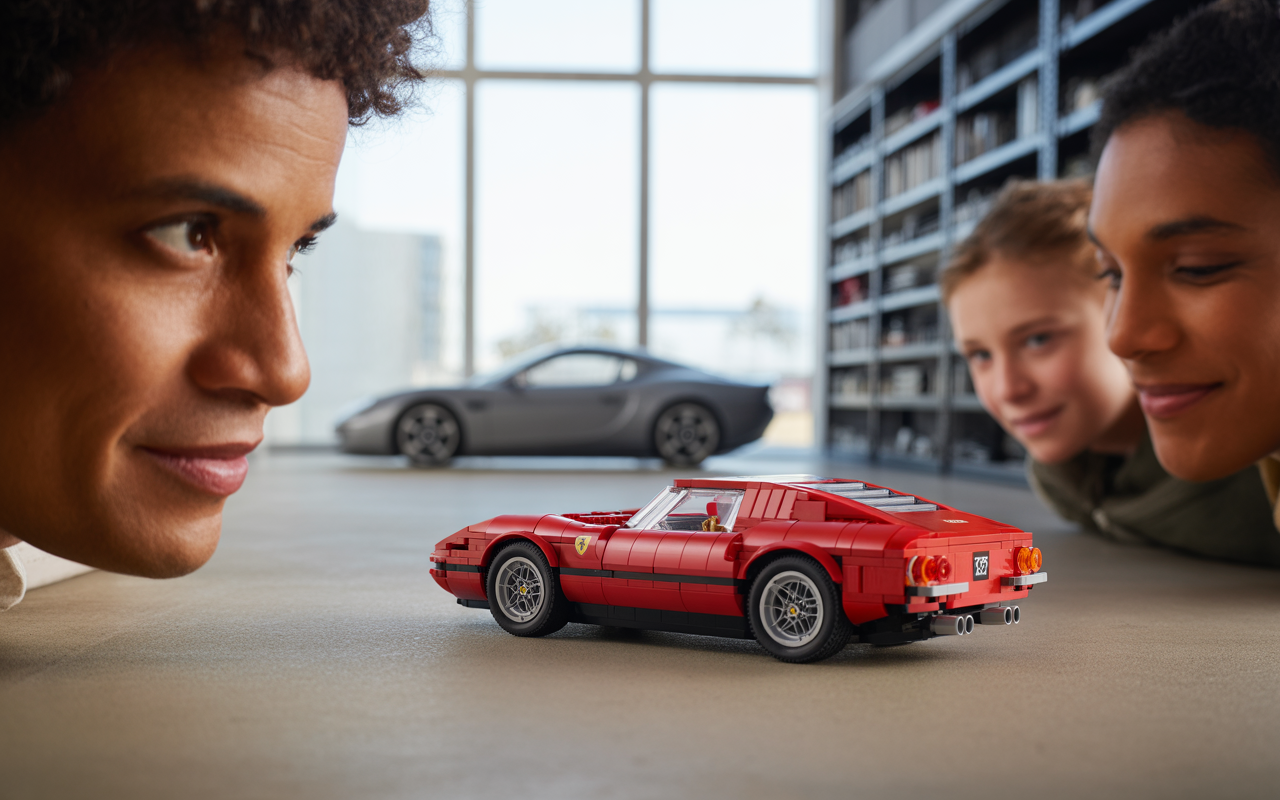 Trois personnes admirent une miniature de voiture Ferrari en Lego, avec une voiture grise en arrière-plan et un éclairage lumineux.