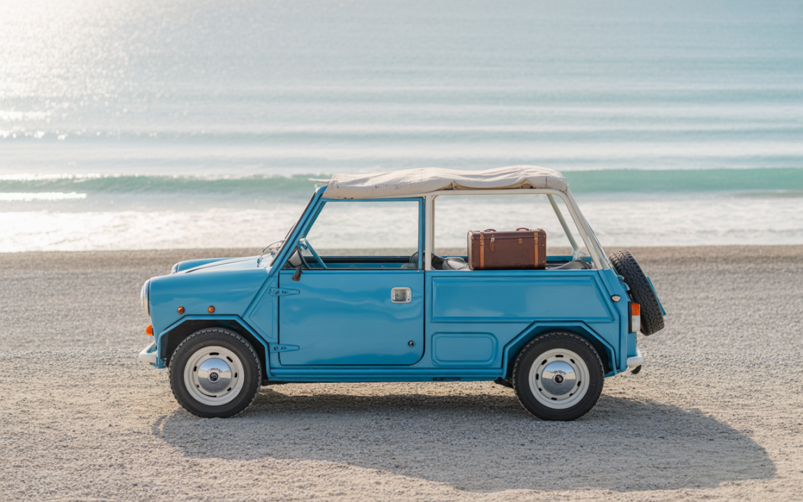Voiture vintage bleu sur une plage, avec une valise en cuir à l'arrière, face à l'océan calme.