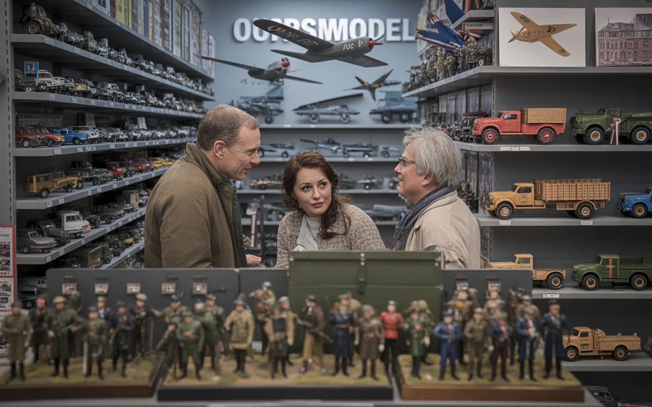 Trois personnes échangent dans un magasin de modèles réduits, entourées de jouets rétro et de figurines militaires.