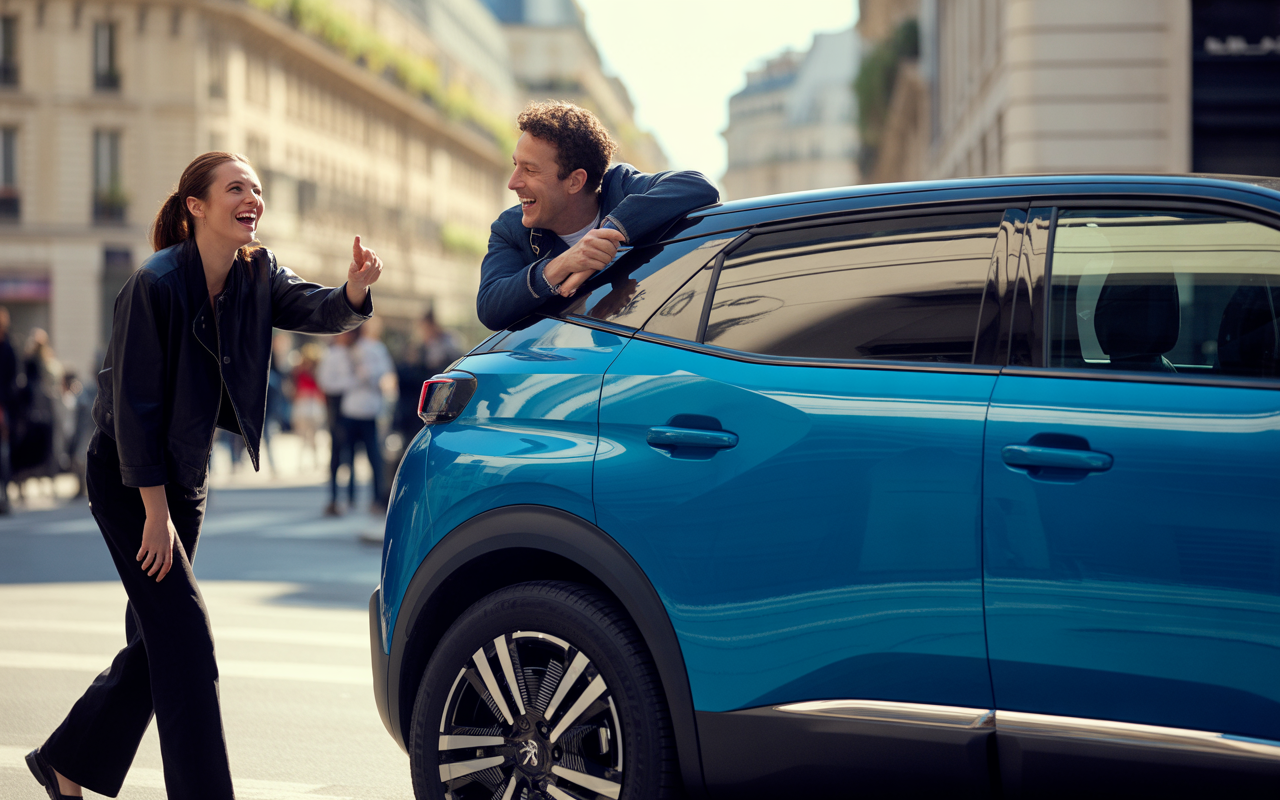 Un homme et une femme rient près d'une voiture bleu vif, dans une rue animée de Paris.