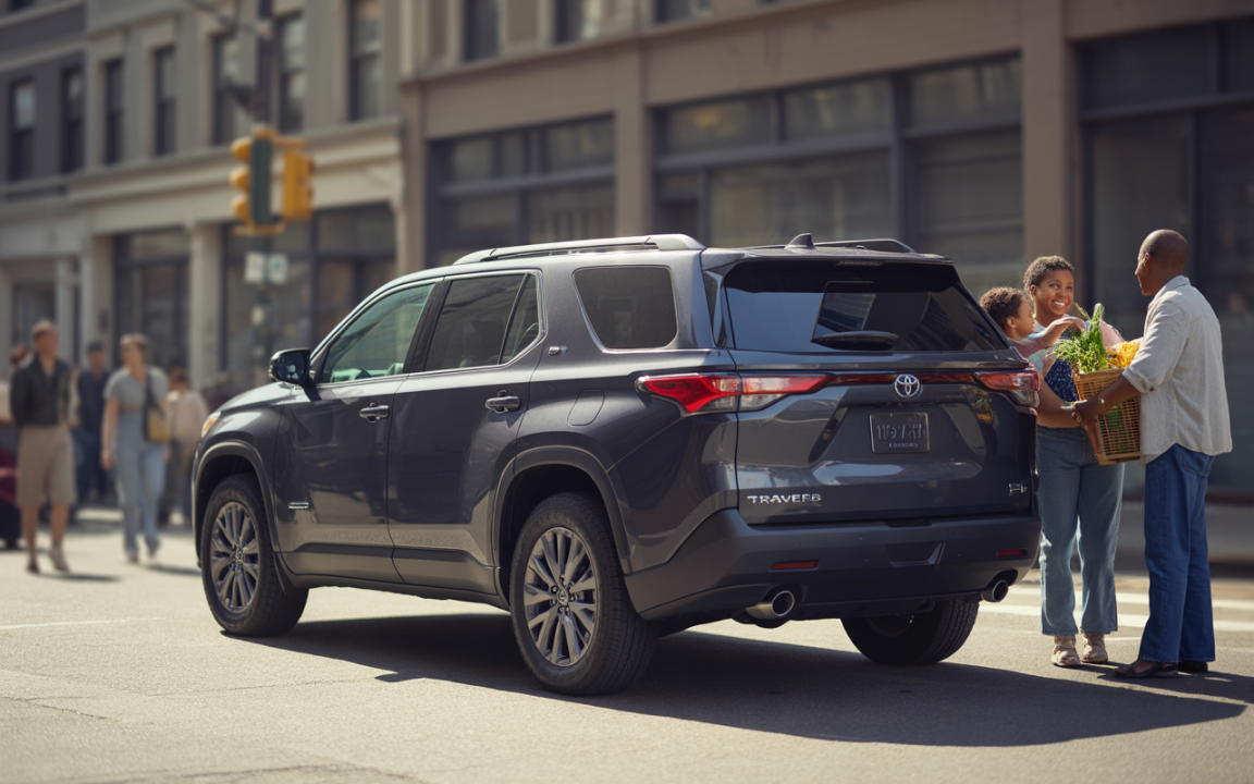 SUV Toyota noir stationné, famille échangeant des légumes fraîchement cueillis, ambiance urbaine animée, éclairage naturel.