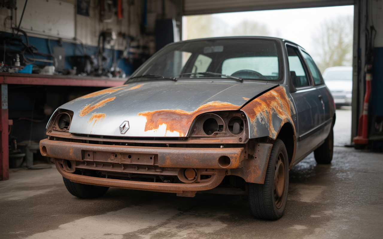 Voiture Renault rouillée et endommagée, stationnée dans un garage avec divers outils en arrière-plan.