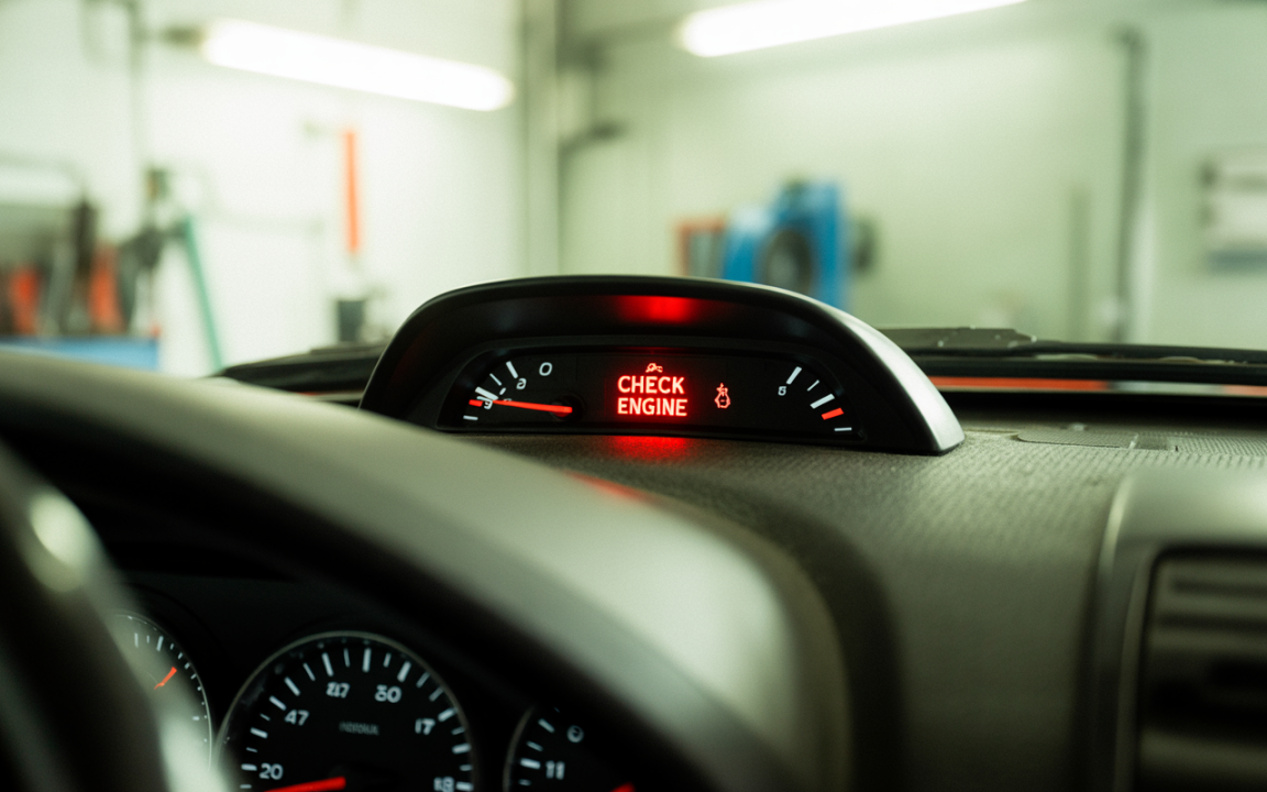 Témoins lumineux sur le tableau de bord d'une voiture, indiquant un problème moteur. Ambiance d'atelier automobile.
