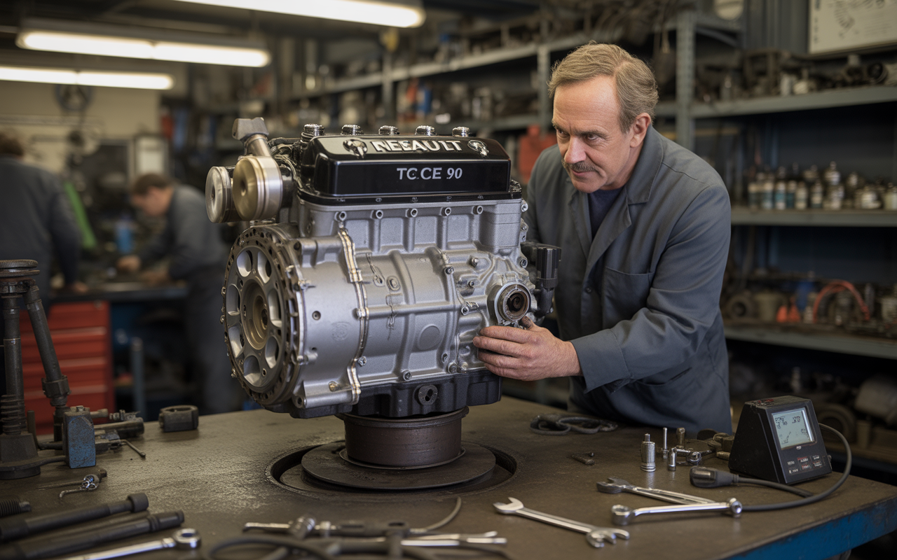 Un mécanicien travaille sur un moteur Renault dans un atelier, entouré d'outils et de pièces mécaniques.