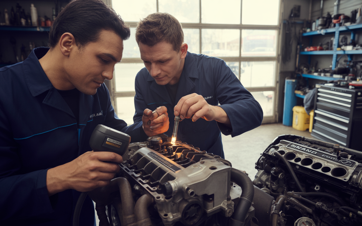 Deux mécaniciens inspectent un moteur dans un atelier, l'un utilisant un outil et l'autre éclairant une pièce pour la réparation.
