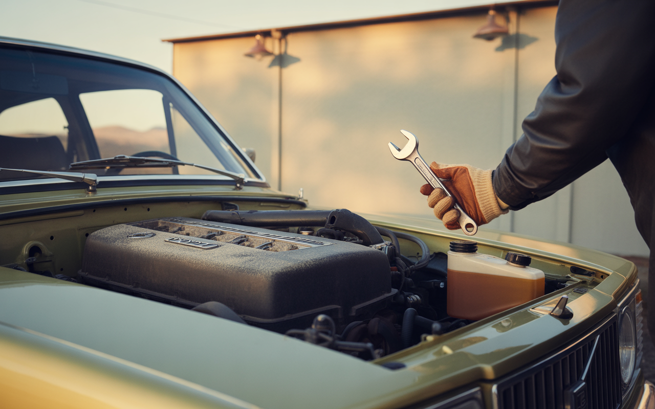 Un mécanicien tenant une clé à molette, travaillant sur le moteur d'une voiture ancienne, avec des reflets doux en arrière-plan.