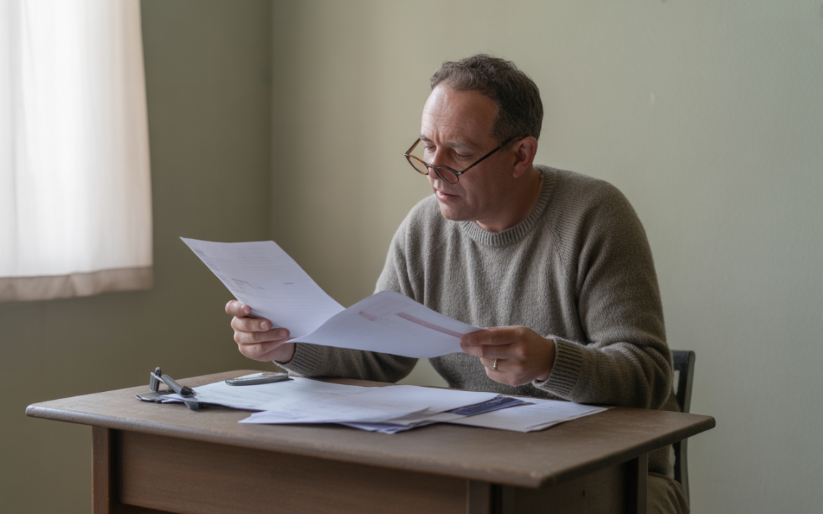 Homme lisant des documents assis à un bureau, lunettes sur le nez, avec lumière naturelle et murs verts en arrière-plan.