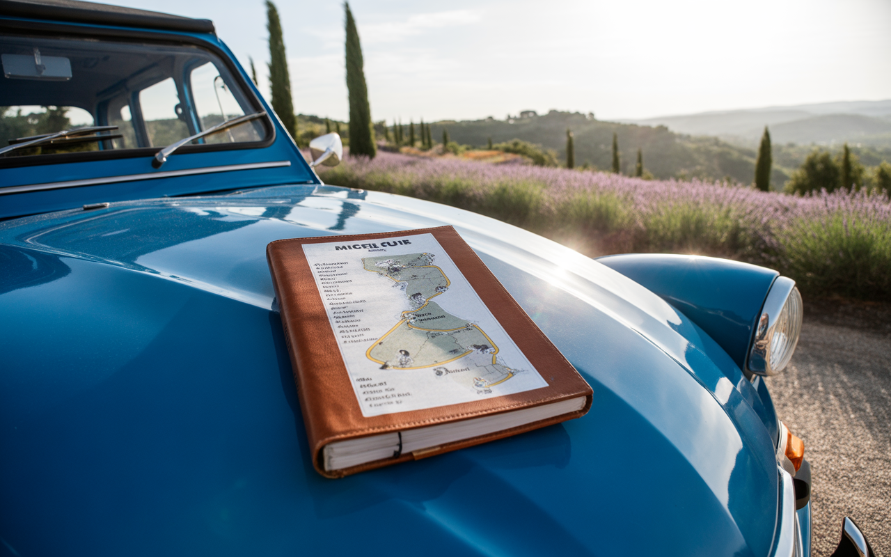 Une voiture bleue, un carnet en cuir sur son capot, avec un paysage de lavande et des collines en arrière-plan.