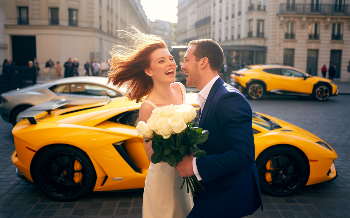 Un couple heureux s'embrasse, entouré de voitures de sport jaunes, dans une rue ensoleillée de Paris.