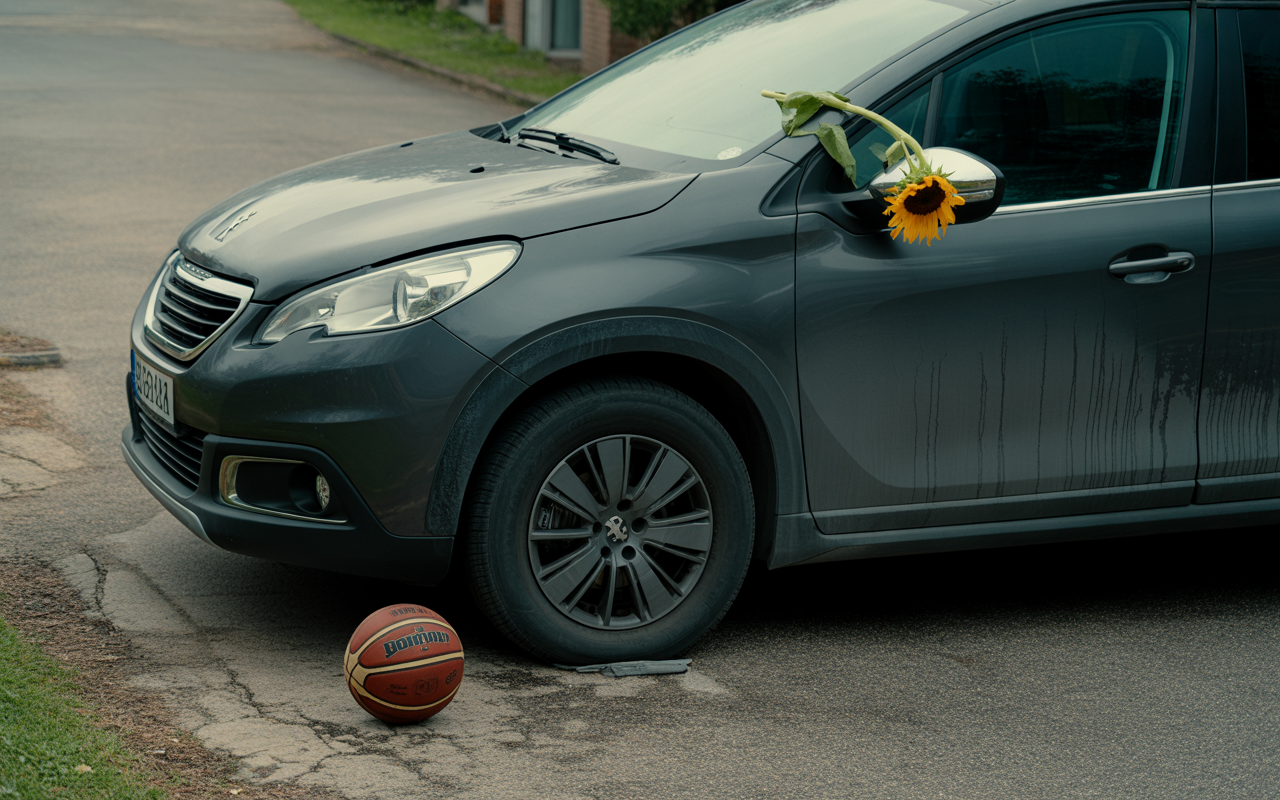 Une voiture grise avec un tournesol sur le rétroviseur et un ballon de basket au sol sur une route pavée.