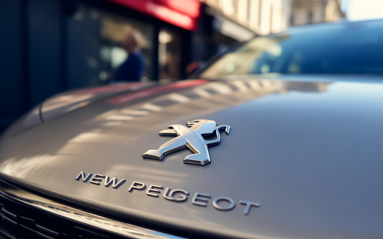 Logo de la nouvelle Peugeot en gros plan sur le capot d'une voiture, fond urbain flou en arrière-plan.
