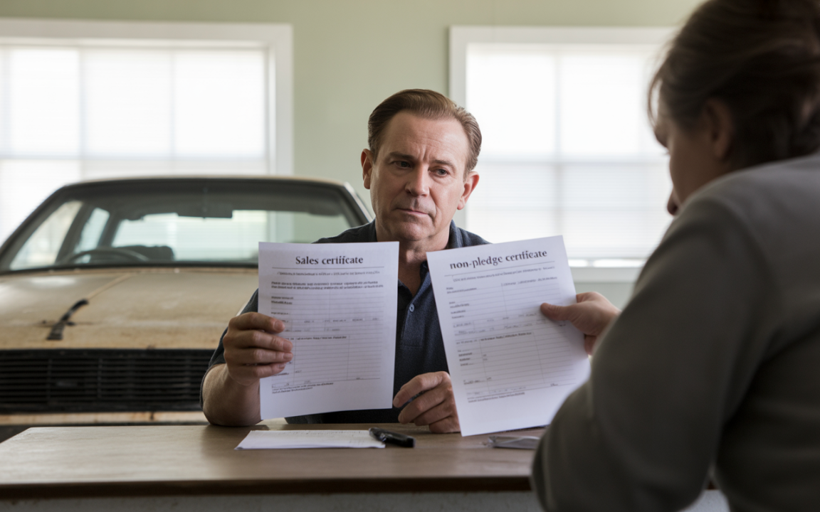 Un homme examine des certificats de vente et de non-pledge, assis à une table près d'une voiture en arrière-plan.