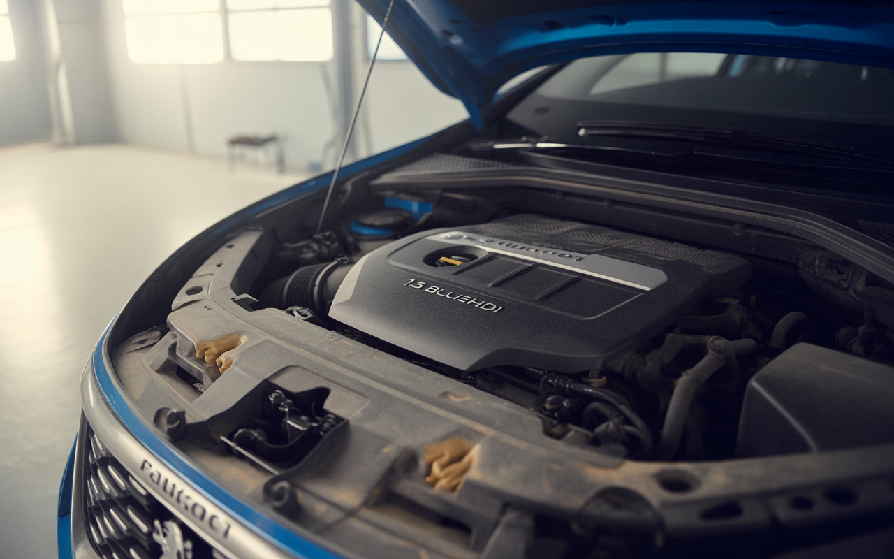 Moteur 1.5 BlueHDi visible sous le capot d'une voiture Peugeot, avec de la poussière, dans un garage lumineux.