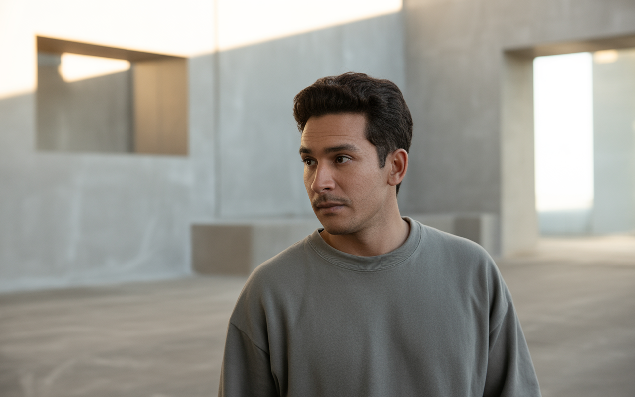 Homme avec un pull gris, regard pensif, se tenant dans un espace architectural minimaliste aux rampes de lumière douce.