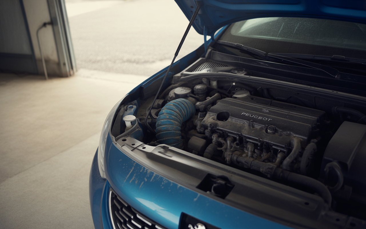 Moteur d'une voiture bleu Peugeot, capot ouvert, avec un tuyau bleu et poussière visible. Atelier lumineux en arrière-plan.