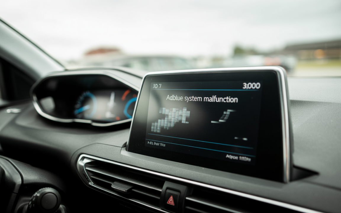 Écran de voiture affichant un message d'erreur sur le système Adblue, vue d'un tableau de bord moderne.