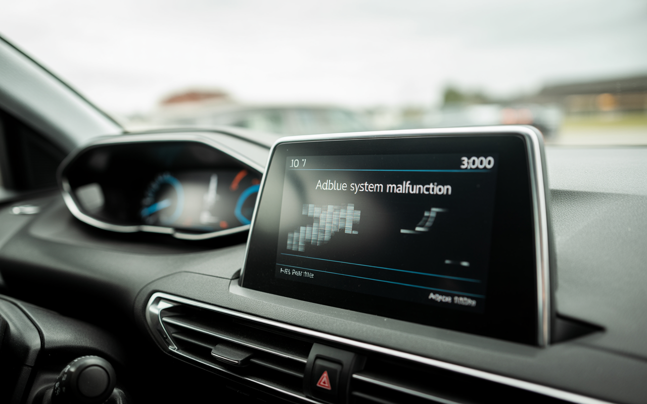 Écran de voiture affichant un message d'erreur sur le système Adblue, vue d'un tableau de bord moderne.