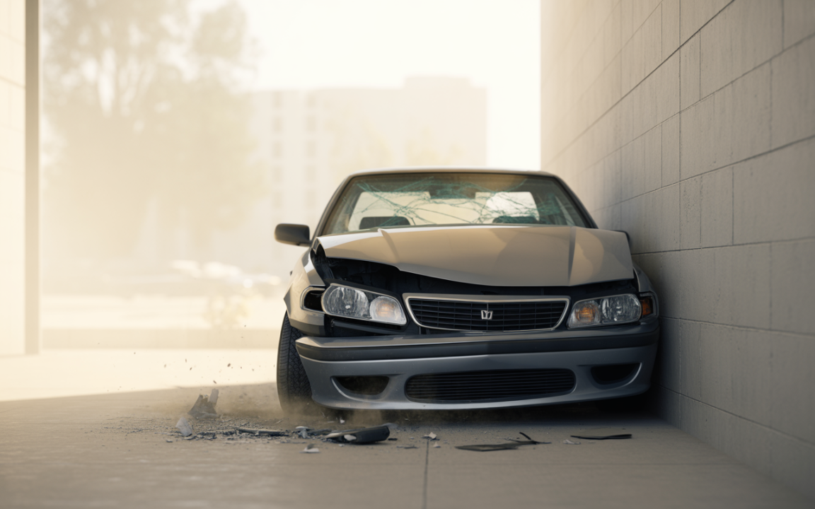 Voiture accidentée encastrée contre un mur, pare-brise brisé, débris autour, environnement urbain flou en arrière-plan.